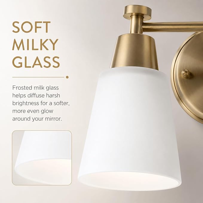 3-Light Bathroom Vanity Light, Gold Finish with Milk Glass Shades, Over Mirror, for Bathroom Vanity