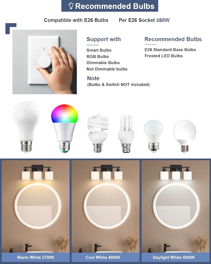 3-Light Bathroom Vanity Light, Anti-Rust Matte Black Bathroom Light Fixtures Over Mirror, Modern Bathroom Lights Wall Mount with Milky White Glass Shades, E26 Base Vanity Lighting