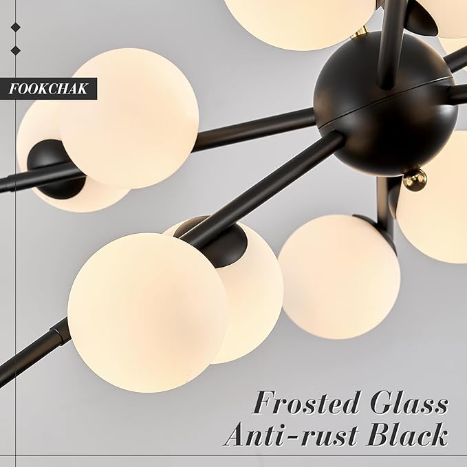 Large Black Sputnik Chandelier 39in 12-Light Frosted Glass Chandelier Light Fixture Mid-Century Modern Molecular Chandeliers for Living Room Dining Room Foyer Kitchen Bedroom