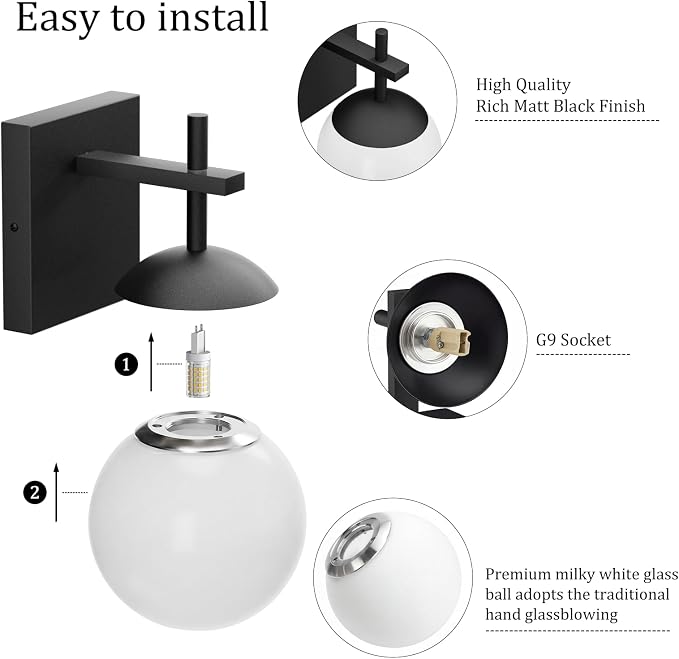 Ralbay Black Indoor Wall Sconces Set of 2,Mid Century Modern Bathroom Wall Lighting Fixtures Milky Glass Wall Lamp for Bedroom Living Room Vanity Hallway, Matte Black (Exclude Bulb)