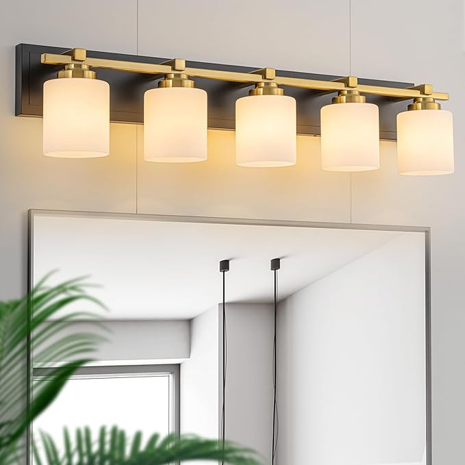 Modern Bathroom Light Fixtures Over Mirror, Vanity Lights for Bathroom Wall Sconces with Milky White Glass Shades, E26 Socket (Bulbs Not Included), 5 Light, Black Gold