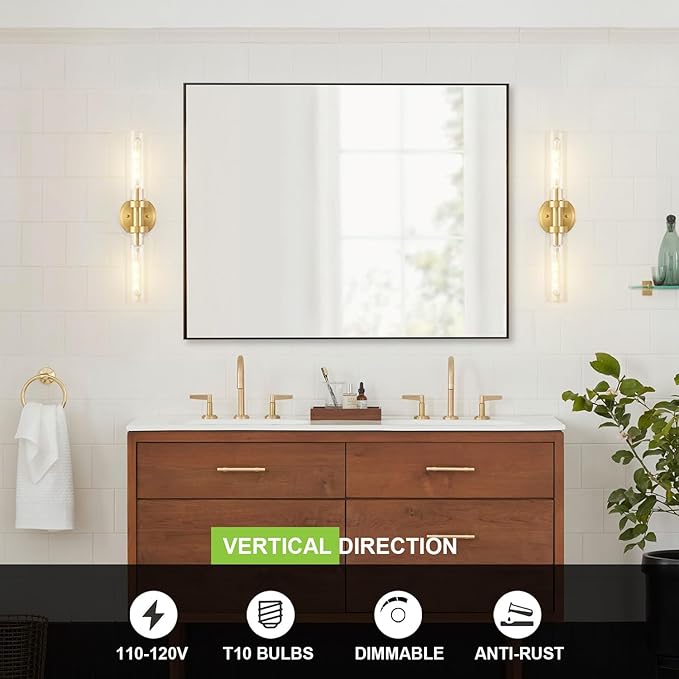 Brushed Gold Bathroom Vanity Light Fixture, 2-Light Modern Wall Sconce Lighting W/Clear Glass, Brass Wall Mount Lamp for Mirror Hallway Kitchen Living Room, E26 T10 Bulbs(Excluded)