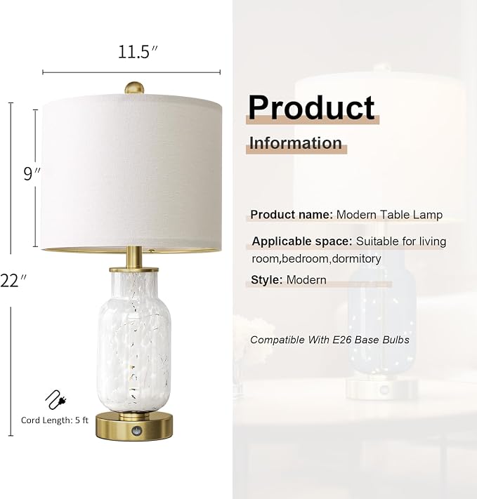 22" Glass Table Lamps Set of 2, White Modern Bedside Lamp with LED Night Light for Living Room, Nightstand Lamp with USB Ports for Bedrooms, Study Room, End Table(2 Bulbs Included)