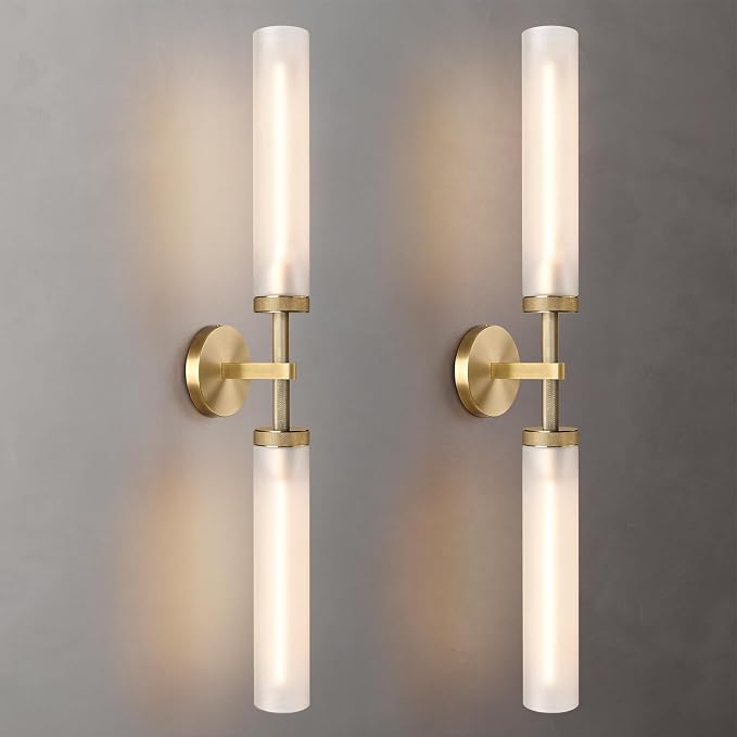 2Pc 30" Knurled Brass 2 Light Wall Sconces, Long Modern Hardwired Bathroom Vanity Light, Frosted Glass Tube Linear Wall Light Fixtures, for Mirror,Bedroom,Living Room,Hallway
