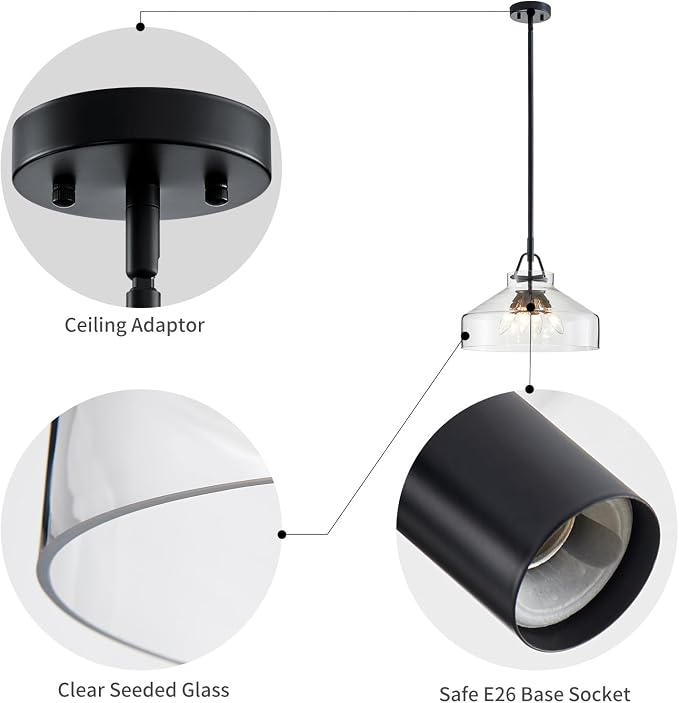 WUZUPS Chandelier Rustic Farmhouse Industrial Round Ceiling Pendant LED Light Fixture with Clear Glass Shades for Dining Room Kitchen Island Foyer Entryway, H 11.8" W 15", E26 Base, Brushed Nickel