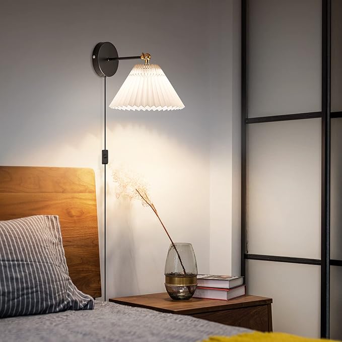 Wall Sconce Plug in, white Plug in Wall Light Set of 2 Fixtures,Wall Lamp with Plug in Cord and On/Off Switch,, Adjustable Industrial Vintage E26 Wall Sconce， for Reading Bedroom Hallway Living Room