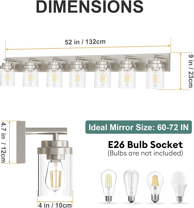 IZORRO Bathroom Vanity Light Fixture, 7-Light 52 inch Brushed Nickel Bathroom Light Fixtures Over Mirror, with Clear Glass Shade, Modern Farmhouse Vanity Lights, Rustic Restroom Lighting Fixtures