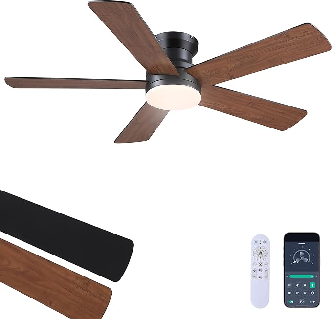 Flush Mount Ceiling Fan with Light and Remote/APP - 48" Low Profile Ceiling Fan with 3CCT Dimmable, 5 Reversible Blades, Modern Indoor Fan Light Fixtures for Bedroom, Kitchen