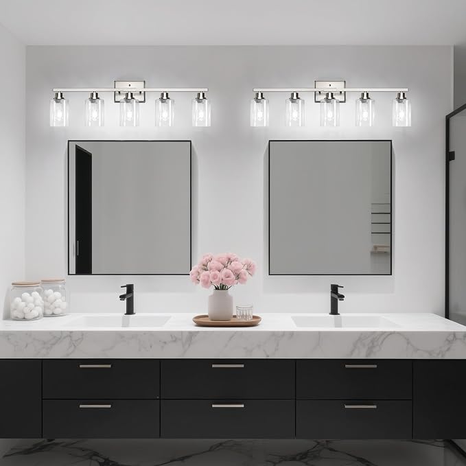 Ascher 5-Light Bathroom Light Fixtures, Modern Brushed Nickel Vanity Lights Over Mirror, Wall Lights with Clear Glass Shades for Hallway, Cabinet, Porch, Bedroom