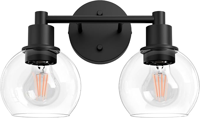 2 Light Bathroom Light Fixtures Black Vanity Lights, Farmhouse Bathroom Vanity Lights 2-Light Matte Black Globe Bathroom Vanity Lighting Fixture Over Mirror