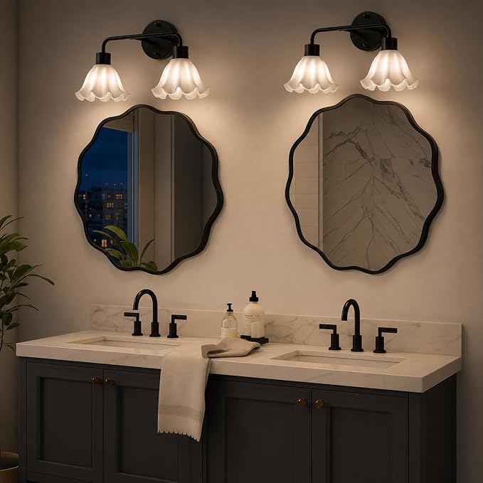 2 Light Black Bathroom Light Fixture,Modern Black Vanity Lighting Over Mirror,Cute White Glass Flower Lampshade,Wall Sconces,E26 Socket(Bulbs Not Included)