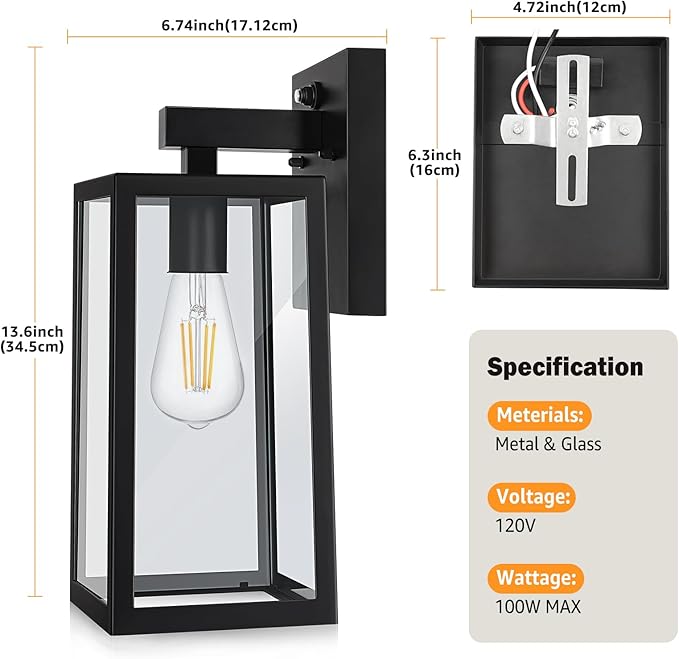 SHINE HAI Dusk to Dawn Outdoor Wall Lantern, Extra Large Exterior Sconce Fixture with E26 Base, Waterproof Wall Mount Light, Outdoor Lantern for Porch 2 Pack
