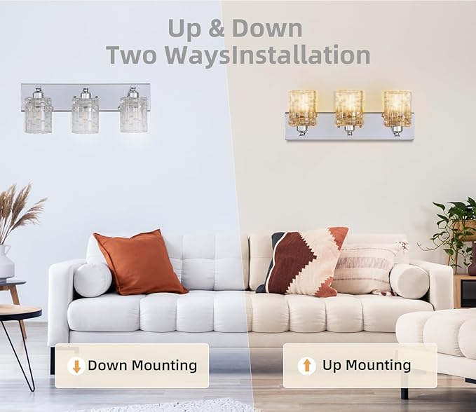 3-Light Crystal Vanity Light for Bathroom, Chrome Over Mirror Light Fixture, Modern Wall Mount for Living Room, Bedroom, Hallway