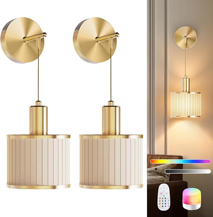 SAIMAND Battery Operated Wall Sconces Set of 2,Wireless Rechargeable Lights | Modern Cordless Wall Sconces with Remote Control, 9-Color Dimmable LED Lamps for Bedrooms, Living Rooms and Hallways (Gold)