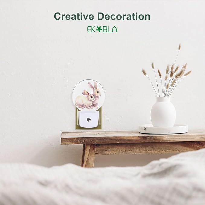 EKOBLA White Rabbit Night Lights Plug into Wall Easter Bunny Ears Night Light Auto Sensor LED Round Lamp for Boys Girls Women Happy Easter Gifts