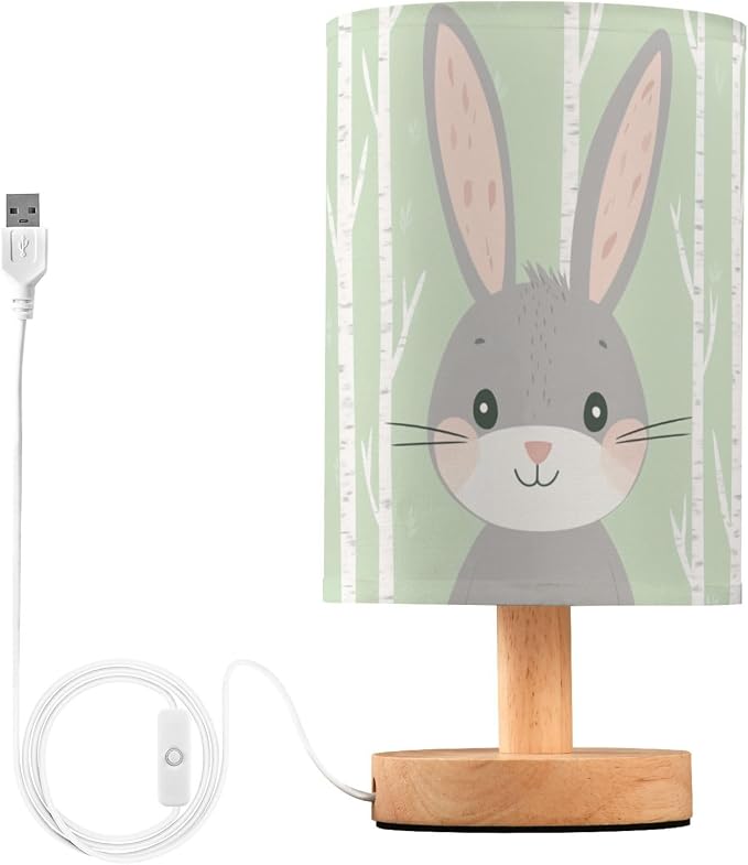 Cute Gray Rabbit in Forest Light Green Bedside Table Lamps with USB Port for Bedroom LampSmall Nightstand Lamp Sturdy Linen Shade Wooden Base Decorative Lamps for Nursery Kids Reading Dorm Home