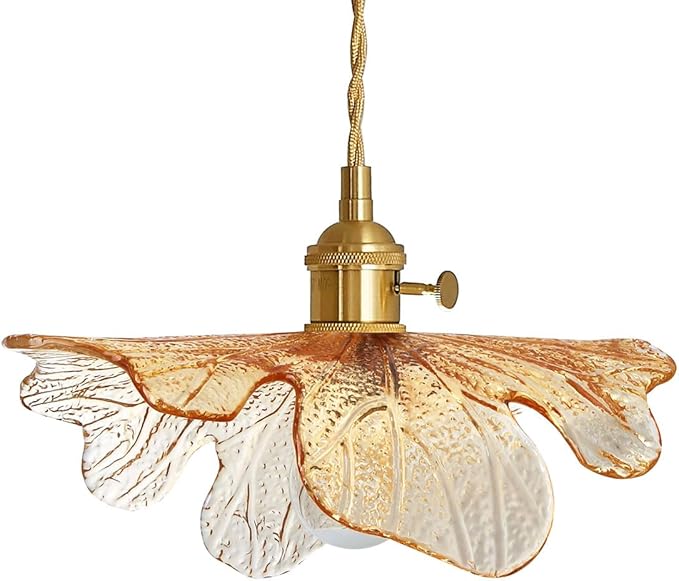 Mid Century Pendant Light for Kitchen with Blown Flower Amber Glass | Vintage Hanging Light 12.99" Art Decor Glass Ceiling pendant Lamp Gold Brass E26, Adjustable Height Sloping Flat ceilings