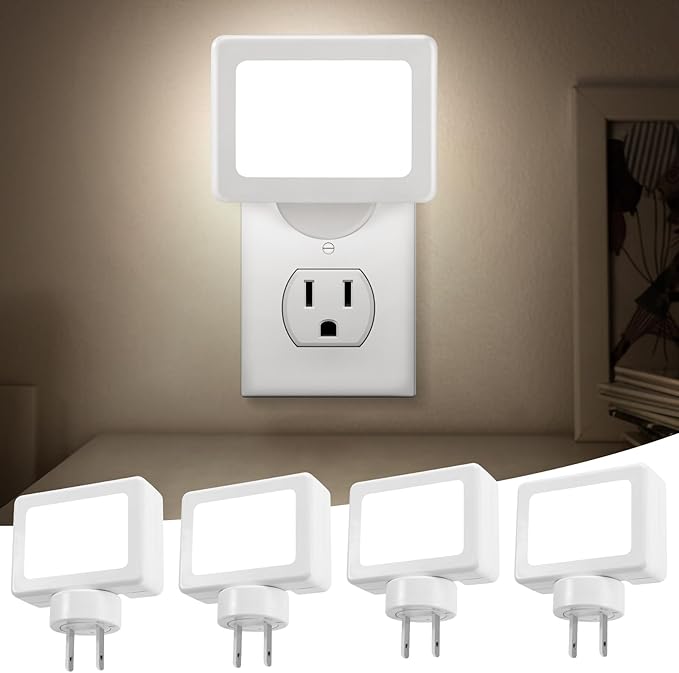 4-Pack LED Night Light Plug in,Adjustable 180° Swivel Head Daylight 5000K | Dusk to Dawn Auto On/Off,100LM, for Kitchen Counter, Desk, Staircase, Hallway, BathroomNon-Dimmable
