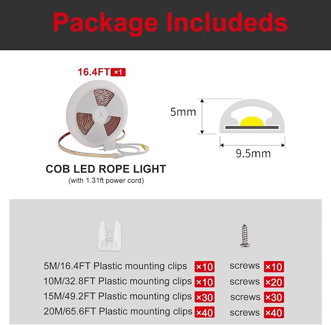 ETL COB LED Rope Light IP65 AC 120V 16.4FT 1200lm Ultra Bright 4000K White | Waterproof Cold-Resistant ETL Light Strip No Driver Tape Lighting for Home Commercial LED Strip Light 4000K Natural White