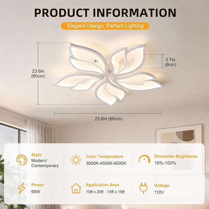 Garwarm Modern LED Flush Mount Ceiling Light, 23.6" Dimmable with Remote | 60W Acrylic Floral Low Profile Ceiling Light Fixture with Memory, 3000K-6500K for Bedroom, Living Room, Dining Room & Kitchen