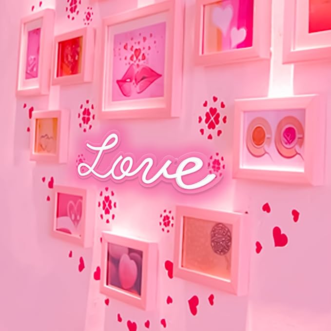 Love Neon Sign, LED Love Light up Sign Wall Decor for Girl Bedroom Christmas Valentine's Day Wife Women Birthday Gift Living Room Home Decor, 16"x 6" USB Powered 10 Pink Brightness Light up