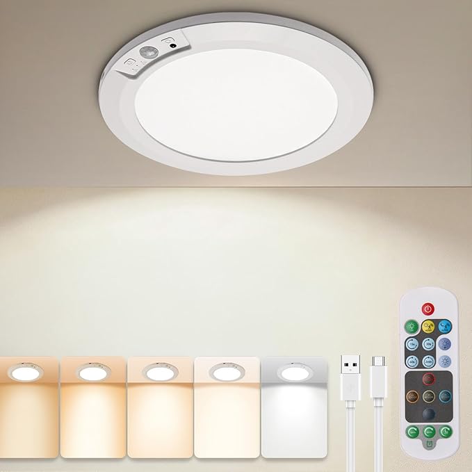 Rechargeable Motion Sensor Ceiling Light with Remote | Magnetic Wireless Ceiling Lights,8000mAh 7.5inch Battery Operated Light Indoor for Closet Shower Shed Loft Bathroom Garage