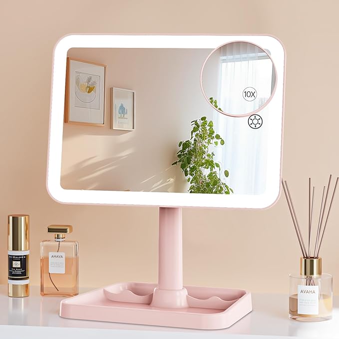 Famihomii Rechargeable Lighted Makeup Mirror for Girls, Desk Mirror with Lights, Detachable 10X Magnifying Mirror, Storage Base, 360° Rotation, Dimmable Lights for Teens Gifts, Pink
