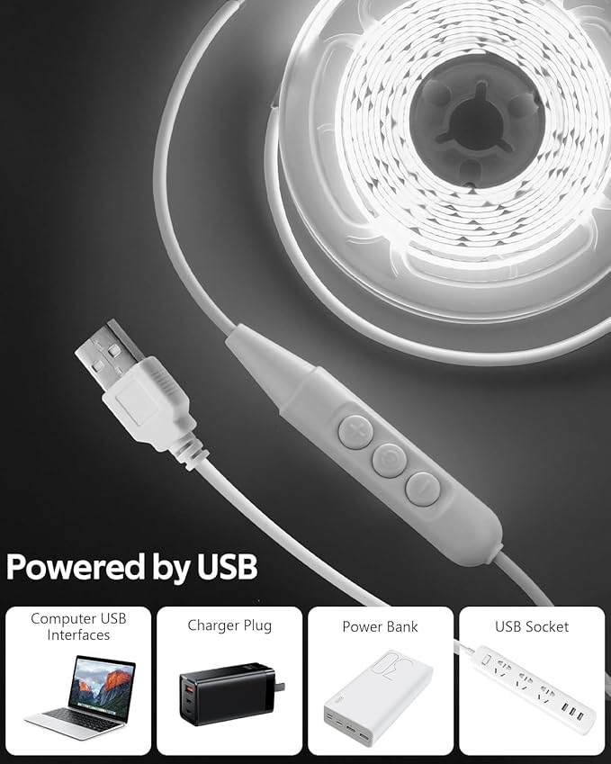 Aclorol 16.4FT COB LED Strip Lights 6000K Cold White USB Powered 5V Dimmable LED TV Backlights 8mm Width Flexible LED Strip 320LEDs/m Bright for Kitchen Under Cabinet Funiture Lighting Home Decor