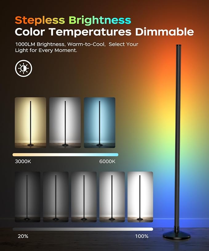 Corner Floor Lamp, Smart RGB LED Corner Lamp with Music Sync and 16M+ DIY Colors, Remote & App Control, Color Changing Ambient Lighting, Floor Lamps for Living Room, Bedroom and Party