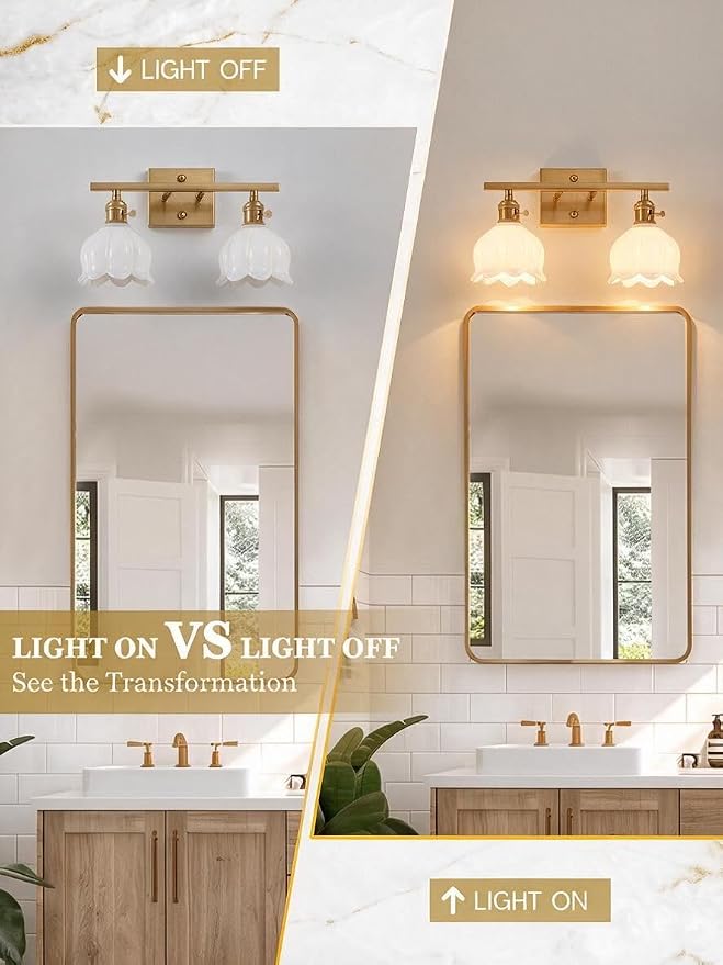 3-Light Vintage Bathroom Vanity Light, 19.4" Brass Hardwired Wall Sconce with Amber Tulip Glass Shades, Brushed Gold Vanity Light for Mirror, Restroom, Bedroom (White, 2-Light)