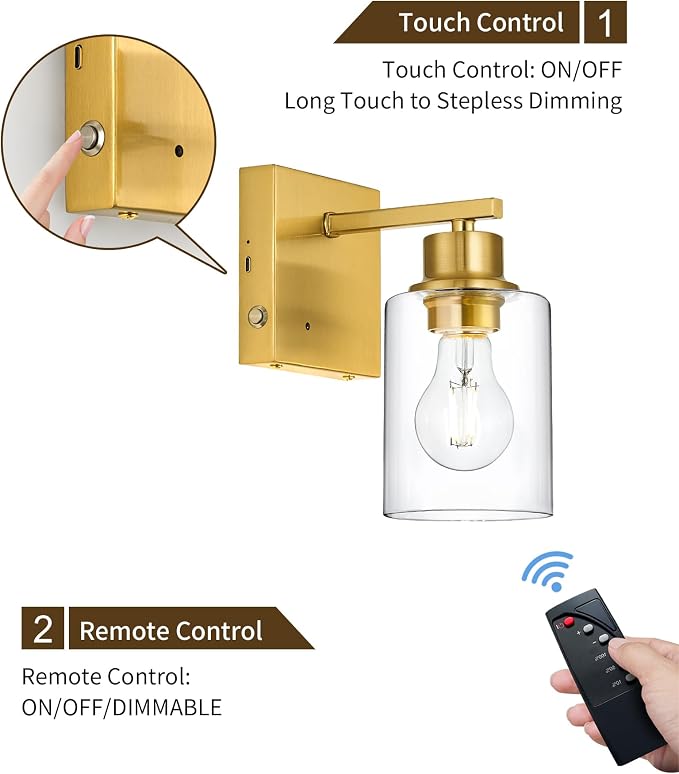 Rayogale Wireless Battery Operated Wall Sconce Set of 2 with Remote Control | Gold Dimmable Rechargeable Wall Lights with Timer, Easy Install Glass Lamp for Living Room Bedroom, Emergency 3000K