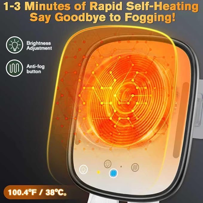 Anti-Fog Shower Mirror for Shaving - Rechargeable Lighted Fogless Mirror with Adjustable, Heated Bathroom Mirror with 2 Razor Hooks & 4 Adhesive Wall Mounts, Grooming Gift for Men (Black)