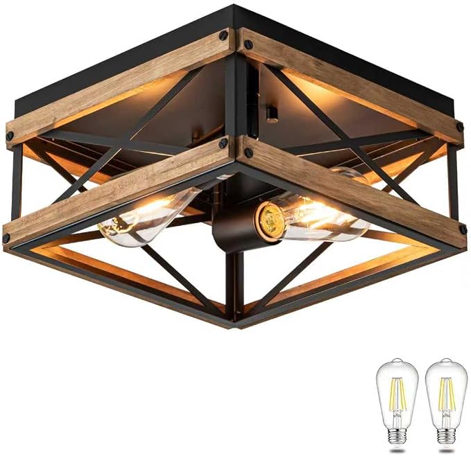 Mayful Black Farmhouse Flush Mount Ceiling Light Fixturet, 2-Light Rustic Hallway Light Fixtures with Wood & Metal Frame, Industrial Close to Ceiling Light Fixtures for Kitchen Entryway Foyer