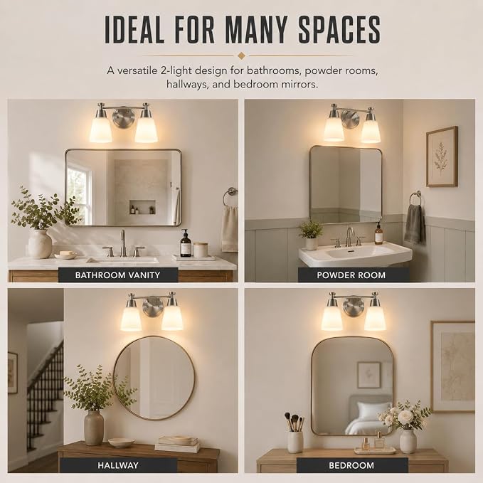 2-Light Bathroom Vanity Light, Brushed Nickel Finish with Milk Glass Shades, Over Mirror, for Bathroom Vanity