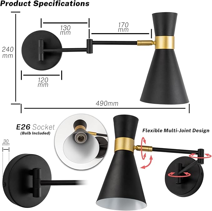 OSYNNIQ Wall Sconce Light with Adjustable Swing Arm for Bedside Reading | Wall Lamp, Modern, Industrial, Lighting Fixture, Black, Hardwired, for Bedroom/Living Room/Indoor, LED E26 Bulb Included