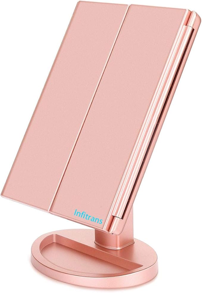 Infitrans Trifold Makeup Mirror Vanity Mirror with Lights,1X 2X 3X Magnification,Touch Control,Adjustable Rotation,Dual Power Supply,Portable Travel Cosmetic Mirror,Birthday Gifts for Women,Teengirls