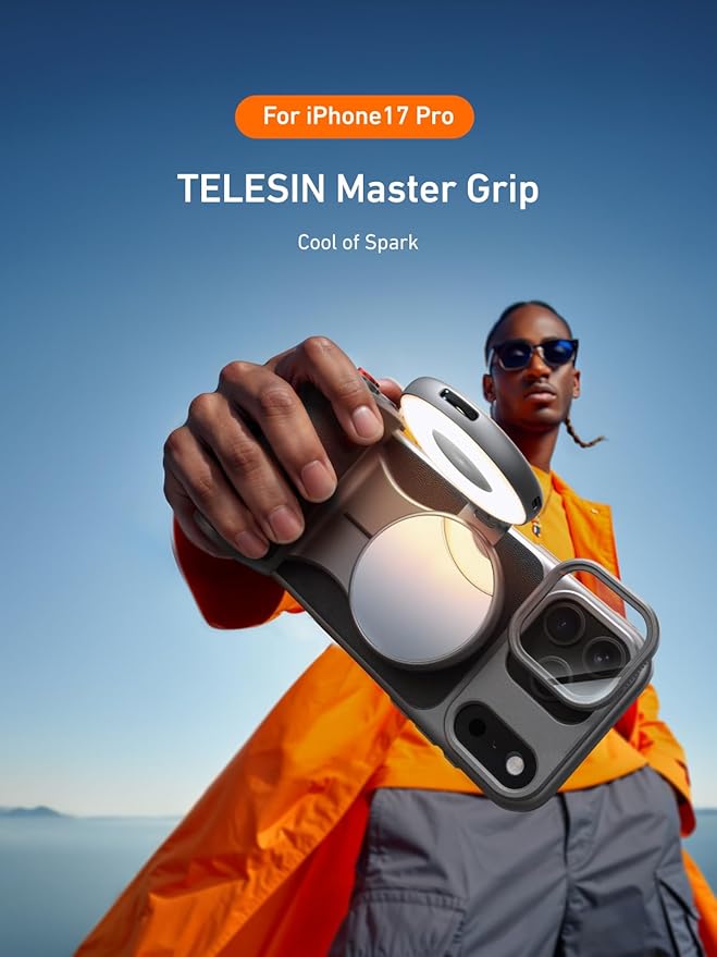 【For iPhone 17 Pro Only】TELESIN Master Grip Kit, Magnetic Phone Camera Grip Powergrip with C03 Selfie Light+ UV Filters, Creator Kit Built-in 3200mAh Battery Wireless Charging - Cooling Graphene Case