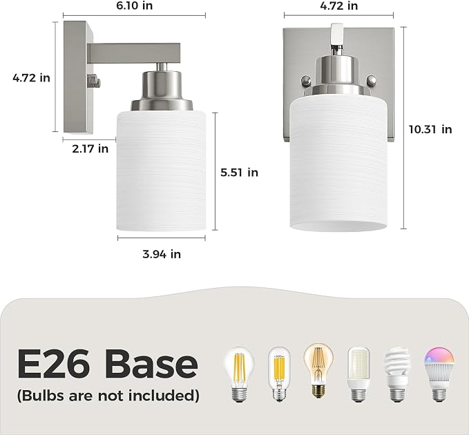 Bathroom Wall Sconces Set of 2,Brushed Nickel Wall Sconce,Vanity Light with White Glass Shade Wall Mounted Light Fixture,Farmhouse Wall Lamp for Bedroom Living Room Mirror Hallway