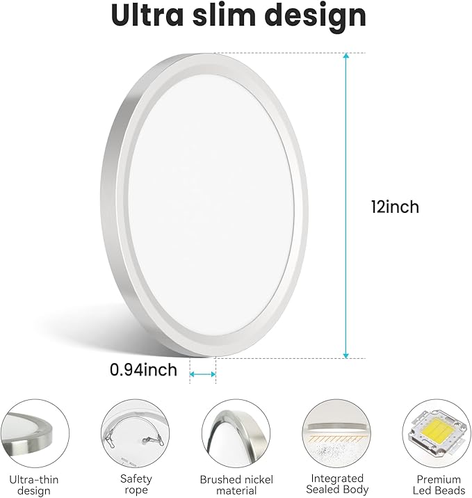 libtit 12 inch Flush Mount LED Ceiling Light Fixture, 3000K 4000K 6500K Adjustable, 28W 3200lm Brushed Nickel Satin Round Ceiling Lamp for Bathroom Shower Hallway Kitchen, 12 Pack