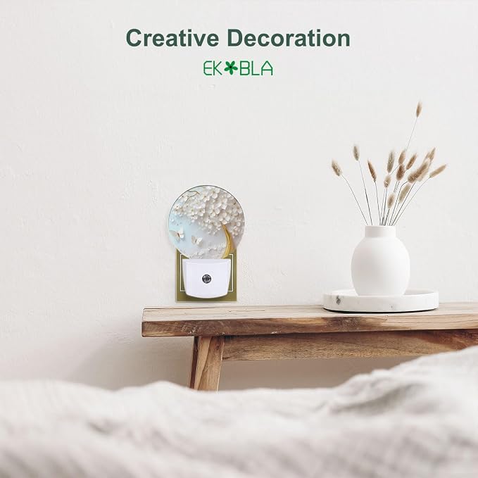 EKOBLA Butterfly and Cherry Blossom Night Light, Floral Night Lights Plug Into Wall with Dusk to Dawn Sensor for Bedroom, Bathroom and Corridor