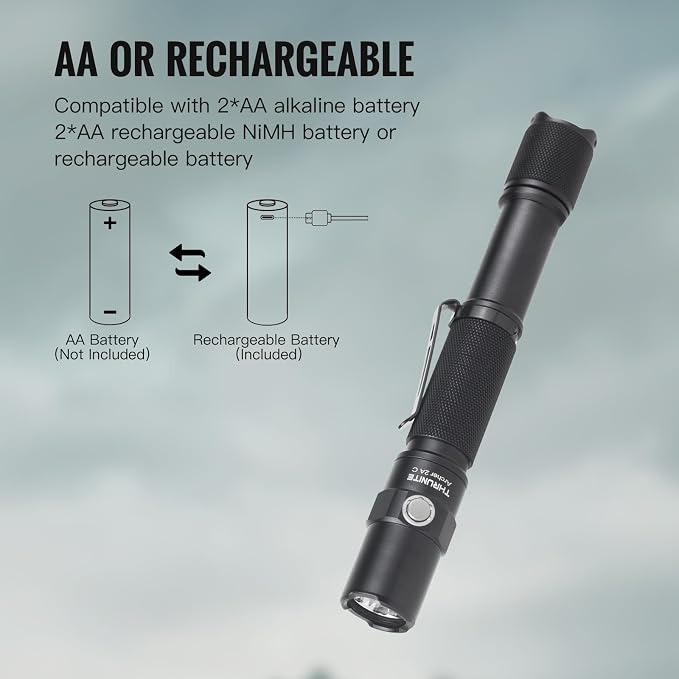 ThruNite Archer 2A C LED Rechargeable Flashlight,High 1000 Lumens AA Flashlight with USB-C, Dual Switch Bright Flashlights for Power Outage,Home Emergency,Camping,IPX8 Waterproof - Cool White