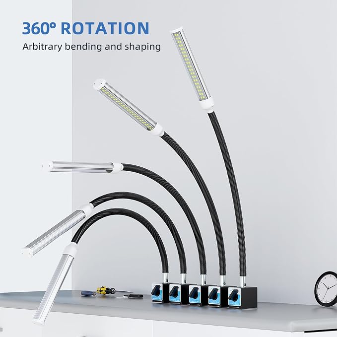 LED Magnetic Work Light, 15W high Brightness,Flexible Gooseneck lamp with Strong Magnetic Base for Lathe Milling Drill Press Industrial Lighting 110-230V Upgrade with Switch(Black with Switch)