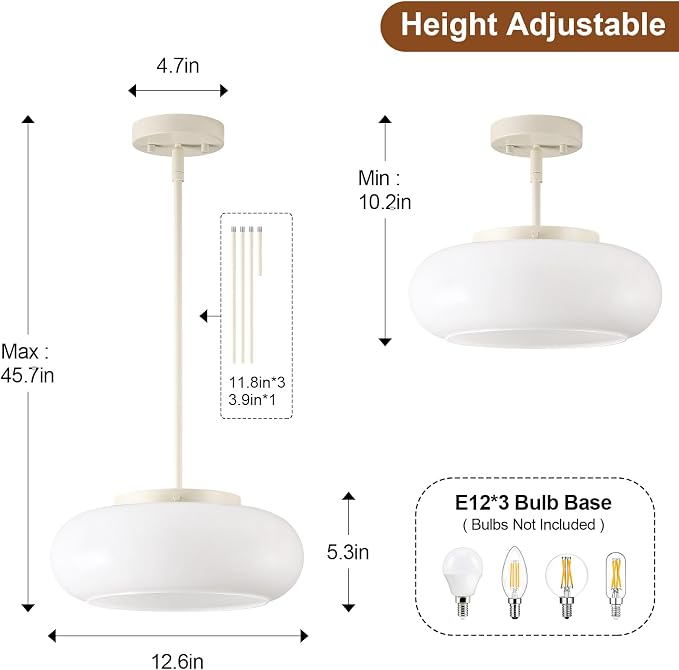 WOKNOS Mid-Century Modern Cream Whit Semi Flush Ceiling Light 12.6 Inch | 3-Light Glass Shade Close to Ceiling Lighting Fixture For Kitchen Entryway Hallway Bathroom Closet Bedroom Laundry Room