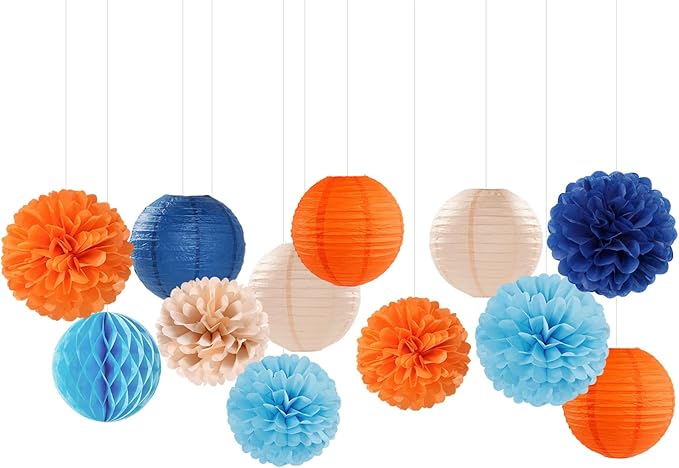 Navy-Blue Orange Champagne Party-Decorations Paper-Flowers - 15pcs Fall Birthday Baby Bridal Shower Tissue Pom Poms Lanterns Streamers Honeycomb, Wedding Bachelorette Hanging Supplies Decor Hugfond