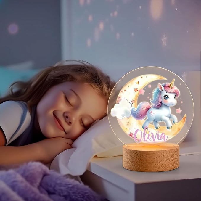 Personalized LED Night Light - Custom Name & 20 Patterns, Cute Unicorn Lamp with Wooden Base for Bedroom Decor, Gifts for Kids Girls Boys