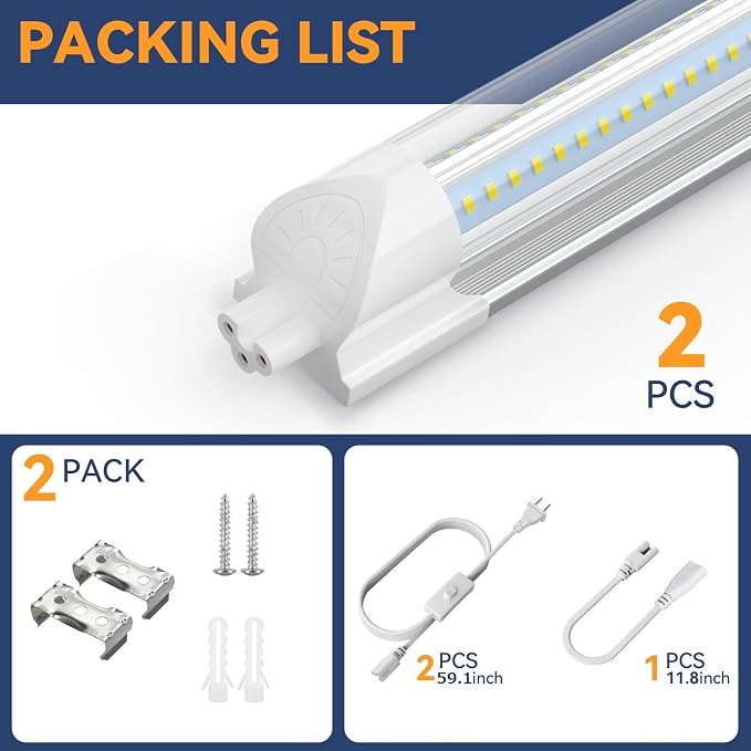 CNSUNWAY 1.5FT LED Shop Light, 20W Under Cabinet Lighting 6000K, V-Shape | 18" T8 Tube Fixtures, Linkable Under Counter Lights for Kitchen, Workbench, Workshop, Plug and Play, ETL Listed, 2 Pack