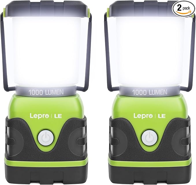 Lepro 1000LM Battery Powered LED Camping Lantern with 4 Light Modes, Green | Camping Essentials, Waterproof Lantern Flashlight for Camping, Emergency Light, Power Outages, Not Rechargeable, 2Packs