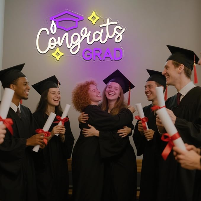 Congrats Grad Neon Sign with Cap - 16.93" x 10.63" Dimmable LED Graduation Light Up Signs Grad Light Sign for Class of 2026 Celebrations, Prom Party, Room Dorm Backdrop, Graduation Gift