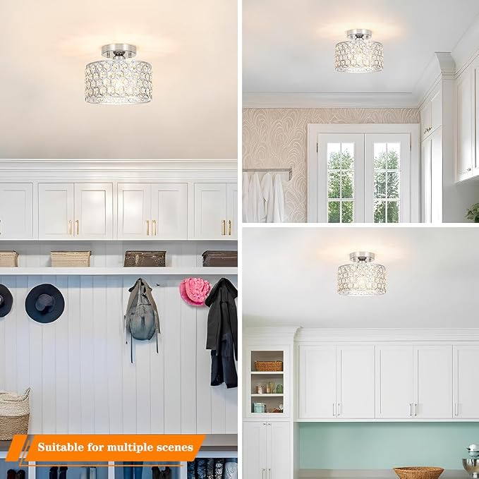 Lxybcce Chrome Crystal Ceiling Light Fixture - Modern Semi Flush Mount Ceiling Chandelier Lighting for Hallway, Kitchen & Foyer | Dazzling Prism Chandelier with Easy Installation,1 Light, 9 in