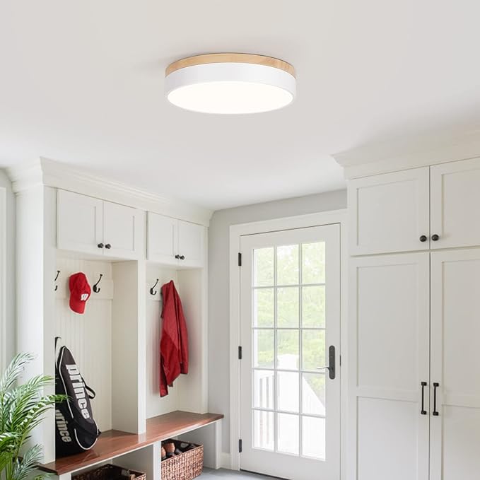Dimmable Wood Oak Ceiling Light Fixture Modern White LED Flush Mount Ceiling Light 5CCT Minimalist Circle Close to Lighting Fixture for Bedroom Kitchen Bathroom Laundry Room 11.81 Inch